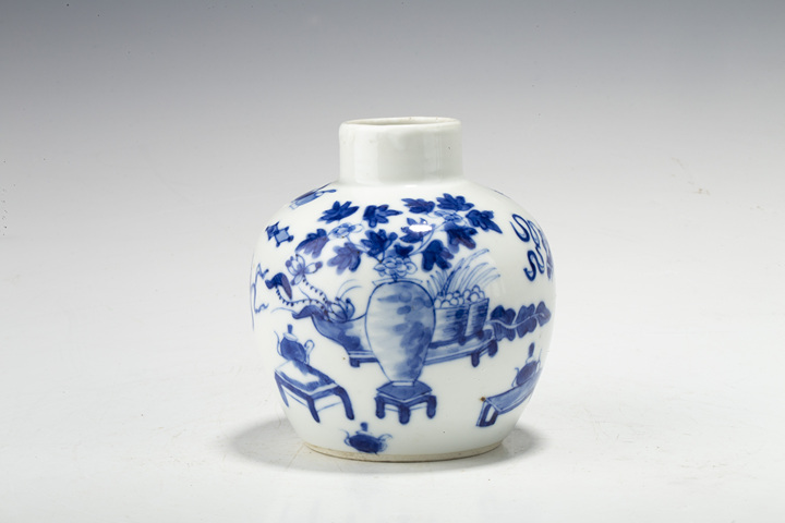古玩陶瓷清晚·青花博古花卉紋小罐拍賣，當前價格168元