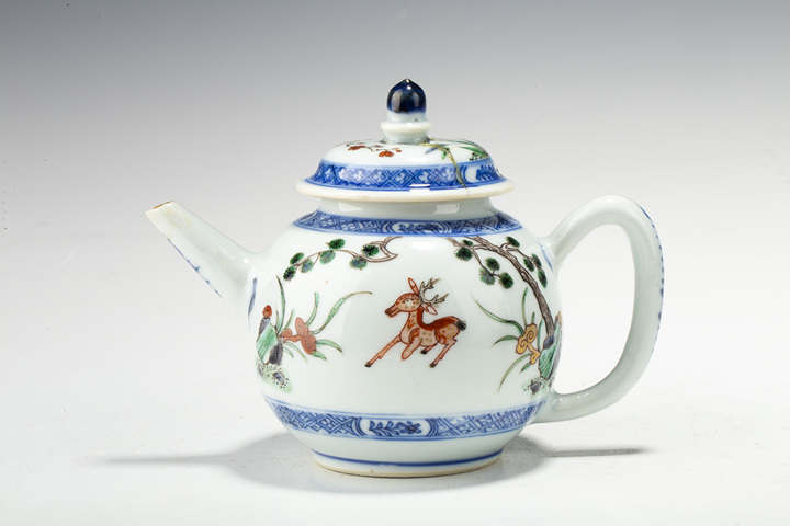 古玩陶瓷清康熙·青花五彩描金鶴鹿同春圖茶壺拍賣，當前價格2928元