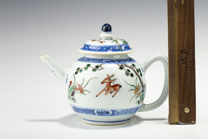 古玩陶瓷清康熙·青花五彩描金鶴鹿同春圖茶壺拍賣，當前價格2928元