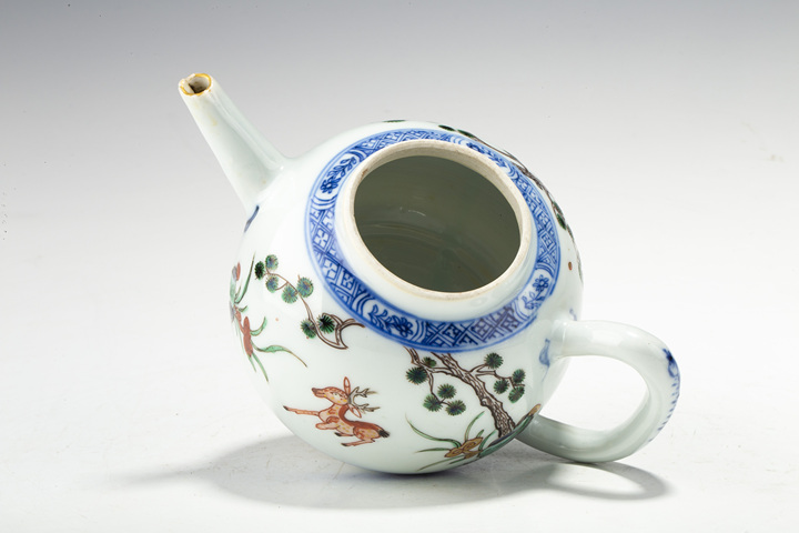 古玩陶瓷清康熙·青花五彩描金鶴鹿同春圖茶壺拍賣，當前價格2928元