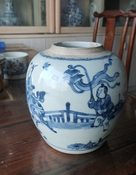 古玩陶瓷麒麟送子青花罐真品鑒賞圖