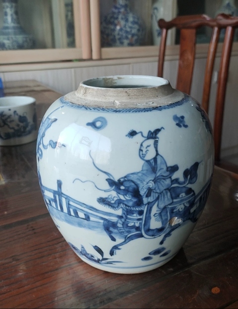 古玩陶瓷麒麟送子青花罐真品鑒賞圖