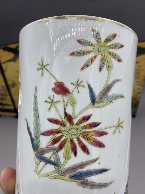 古玩陶瓷晚清 粉彩花卉紋帽筒拍賣，當前價格1400元