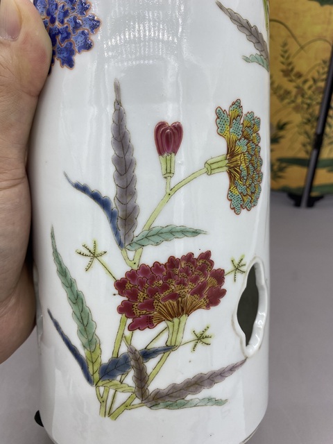 古玩陶瓷晚清 粉彩花卉紋帽筒拍賣，當前價格1400元