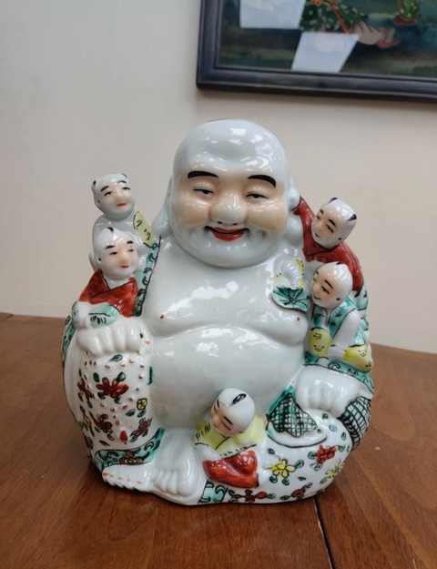 古玩陶瓷粉彩五子登科彌勒佛坐像真品鑒賞圖