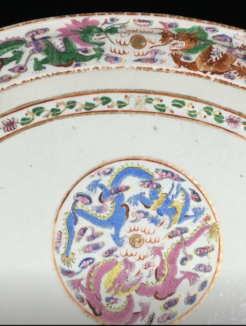 古玩陶瓷粉彩雙龍戲珠紋溫盤真品鑒賞圖