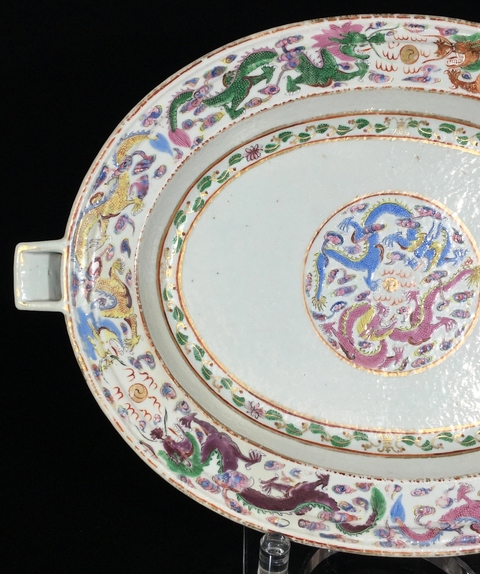 古玩陶瓷粉彩雙龍戲珠紋溫盤真品鑒賞圖