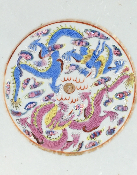 古玩陶瓷粉彩雙龍戲珠紋溫盤真品鑒賞圖