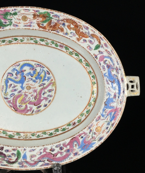 古玩陶瓷粉彩雙龍戲珠紋溫盤真品鑒賞圖