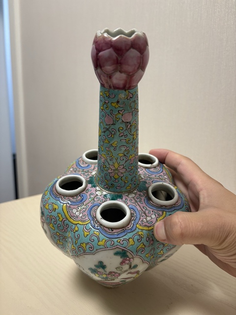 古玩陶瓷粉彩五孔花插真品鑒賞圖