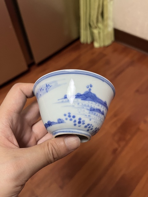 古玩陶瓷明晚期青花山水紋杯真品鑒賞圖