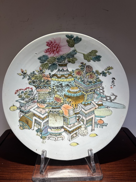 古玩陶瓷淺絳博古花卉紋大盤真品鑒賞圖