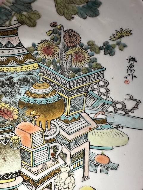古玩陶瓷淺絳博古花卉紋大盤真品鑒賞圖