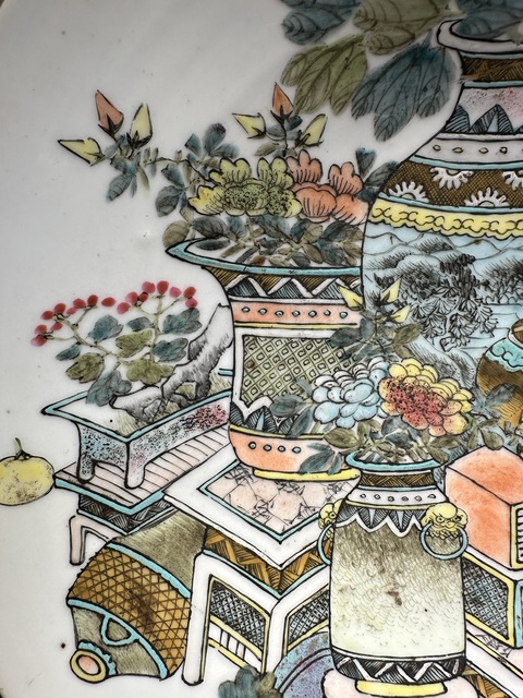 古玩陶瓷淺絳博古花卉紋大盤真品鑒賞圖