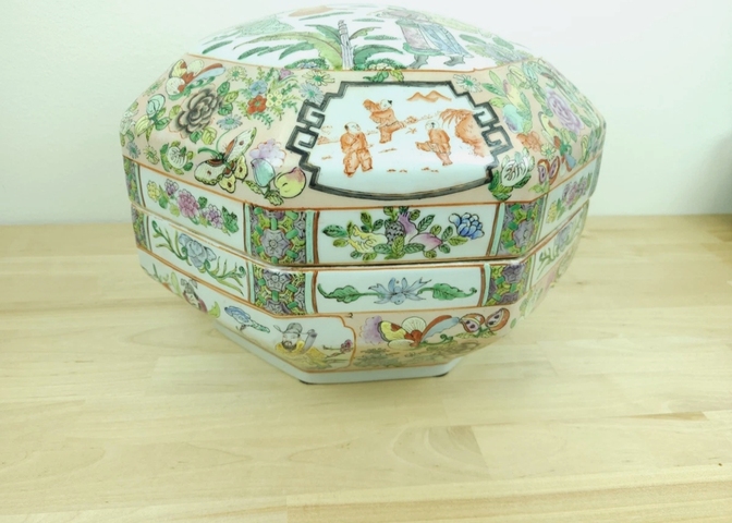 古玩陶瓷人物紋八方蓋盒真品鑒賞圖