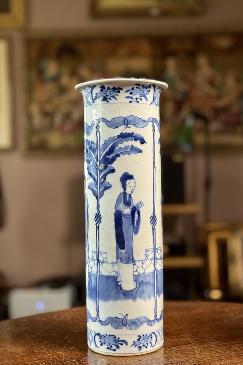 古玩陶瓷鏡面對稱畫法仕女紋青花花觚真品鑒賞圖