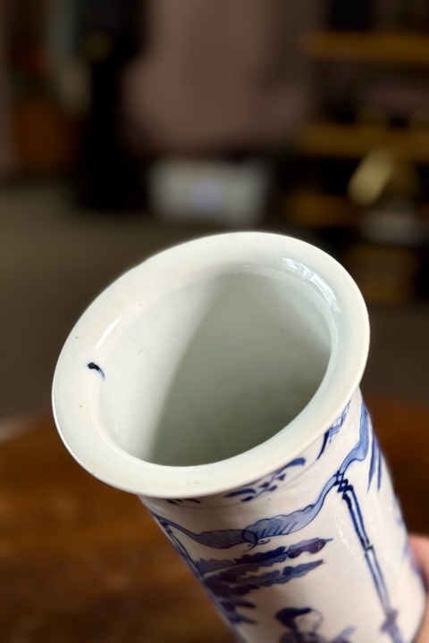 古玩陶瓷鏡面對稱畫法仕女紋青花花觚真品鑒賞圖