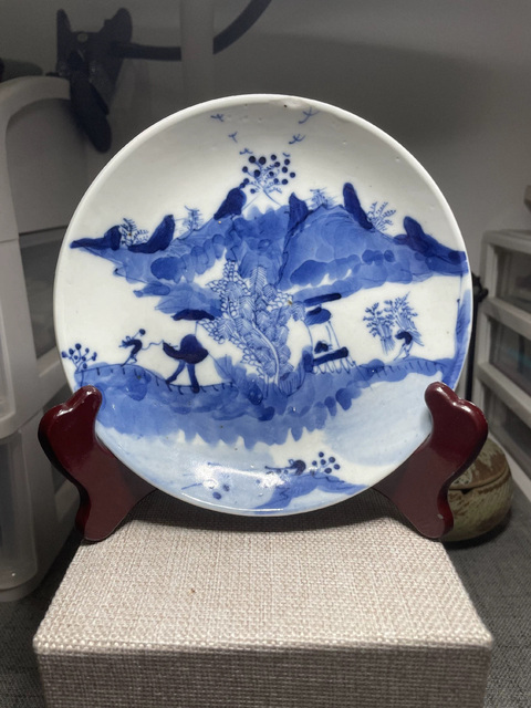 古玩陶瓷晚清青花漁樵耕讀盤真品鑒賞圖