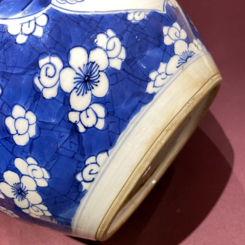 古玩陶瓷青花冰梅開窗獅子花卉紋罐真品鑒賞圖