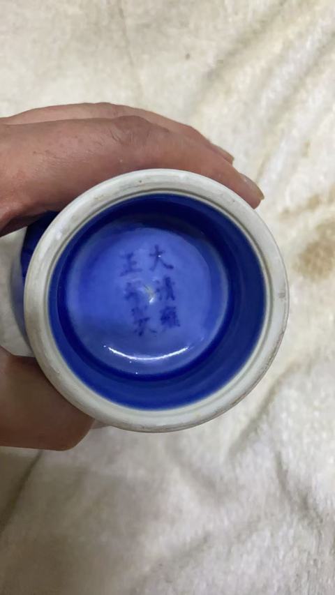 古玩陶瓷天藍釉暗刻花卉紋雙耳瓶真品鑒賞圖