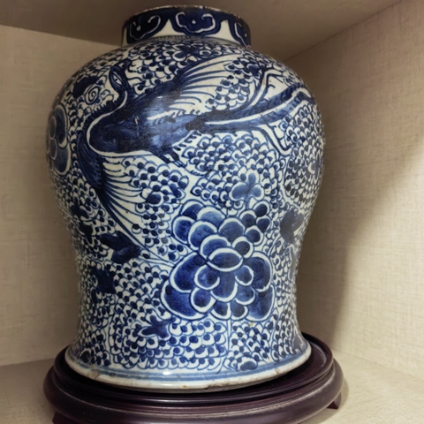 古玩陶瓷鳳穿牡丹紋青花將軍罐真品鑒賞圖