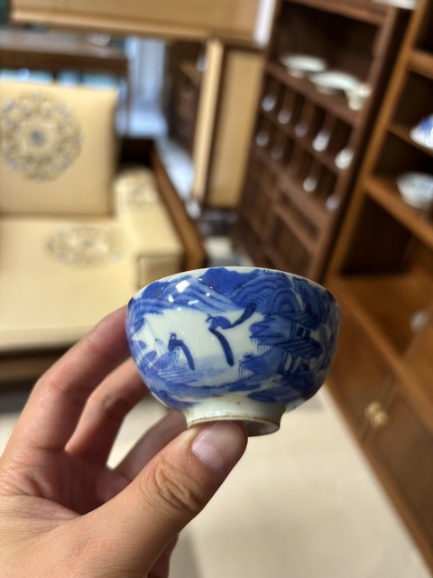 古玩陶瓷青花山水人物紋茶圓真品鑒賞圖
