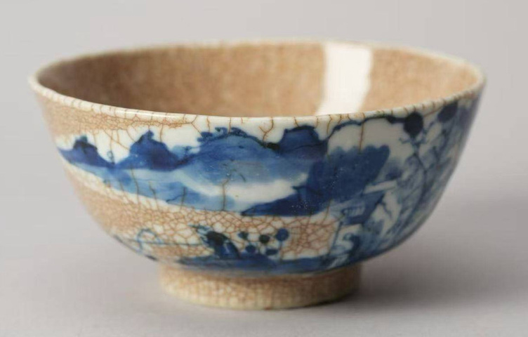 古玩陶瓷哥釉青花山水人物茶碗真品鑒賞圖