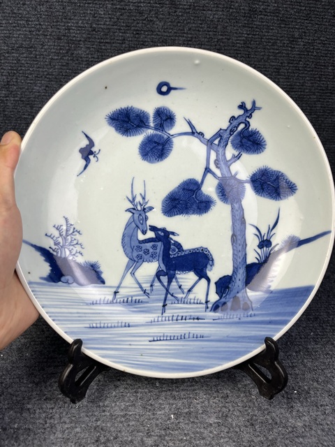 古玩陶瓷雍正青花雙鹿盤拍賣，當前價格9000元