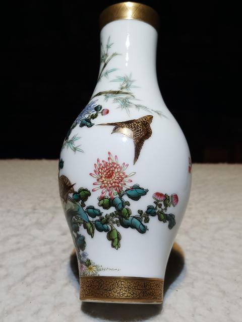 古玩陶瓷琺瑯彩風格花鳥紋橄欖瓶真品鑒賞圖