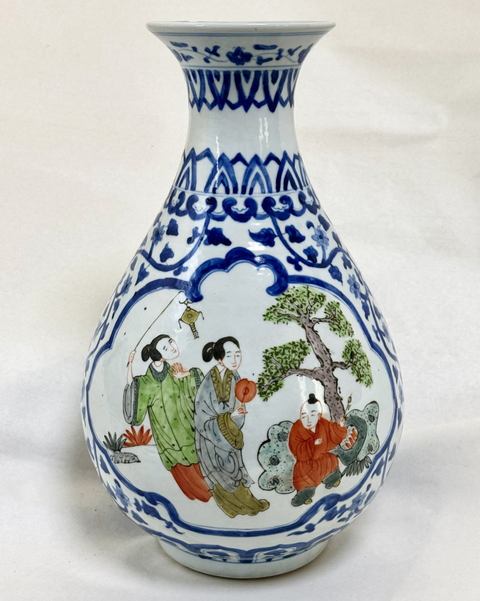 古玩陶瓷青花開窗粉彩人物玉壺春瓶真品鑒賞圖