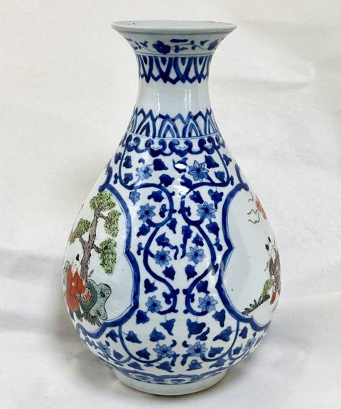 古玩陶瓷青花開窗粉彩人物玉壺春瓶真品鑒賞圖