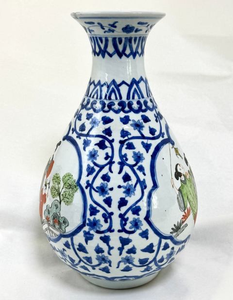 古玩陶瓷青花開窗粉彩人物玉壺春瓶真品鑒賞圖
