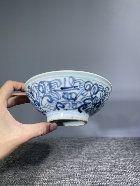 古玩陶瓷清中晚.青花花卉紋喜字碗拍賣，當前價格135元