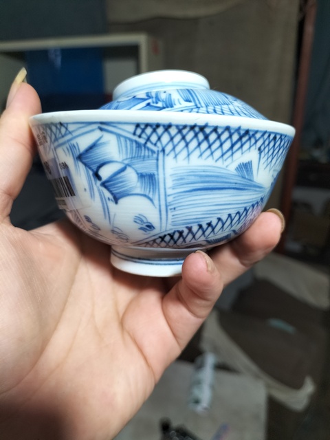 古玩陶瓷青花山水紋蓋碗（日本）真品鑒賞圖