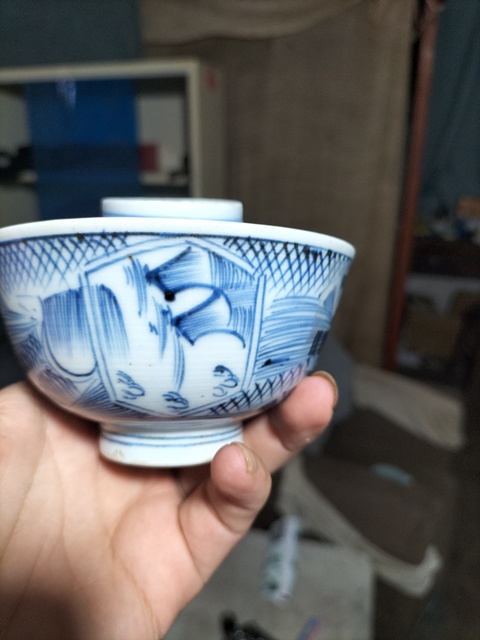 古玩陶瓷青花山水紋蓋碗（日本）真品鑒賞圖