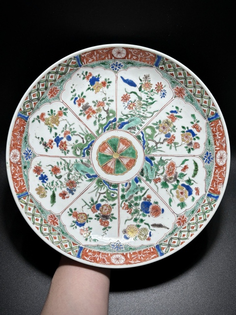 古玩陶瓷清康熙·精品“滿工細路”五彩花神紋深腹大盤拍賣，當前價格4600元