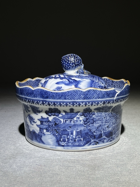 古玩陶瓷青花山水人物蓋鍋真品鑒賞圖