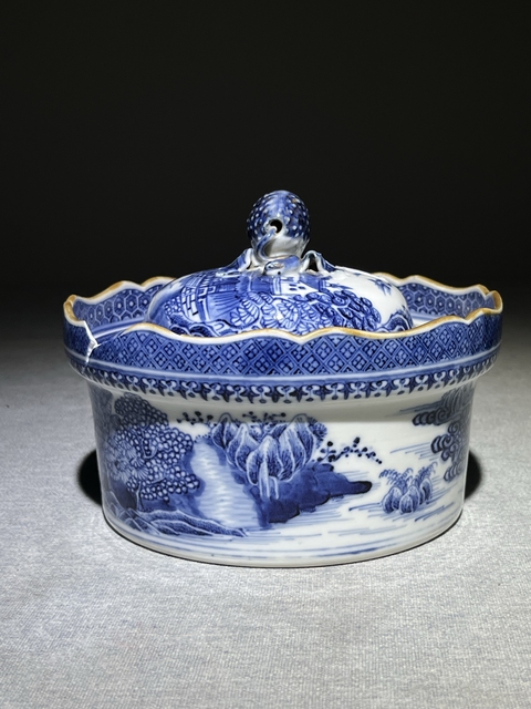 古玩陶瓷青花山水人物蓋鍋真品鑒賞圖