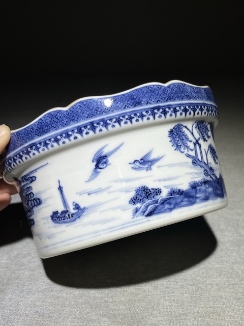 古玩陶瓷青花山水人物蓋鍋真品鑒賞圖