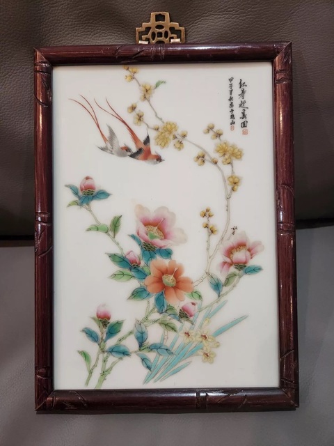 古玩陶瓷粉彩花鳥紋瓷板真品鑒賞圖