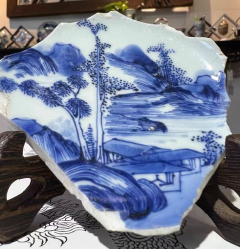 古玩陶瓷山水紋青花標本真品鑒賞圖