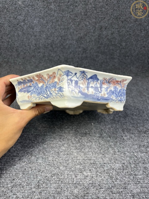 古玩陶瓷清中晚·青花釉里紅漁樵耕讀紋花盆托 真品鑒賞圖