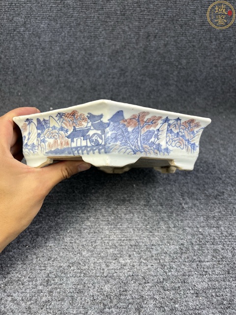 古玩陶瓷清中晚·青花釉里紅漁樵耕讀紋花盆托 真品鑒賞圖