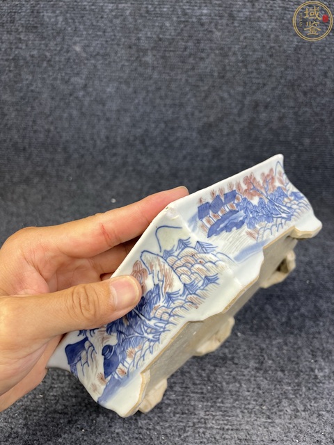 古玩陶瓷清中晚·青花釉里紅漁樵耕讀紋花盆托 真品鑒賞圖