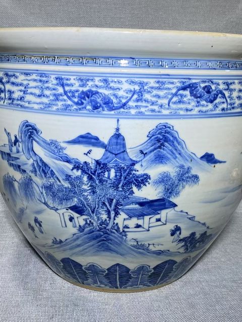 古玩陶瓷人物山水青花缸真品鑒賞圖