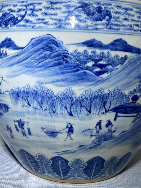 古玩陶瓷人物山水青花缸真品鑒賞圖