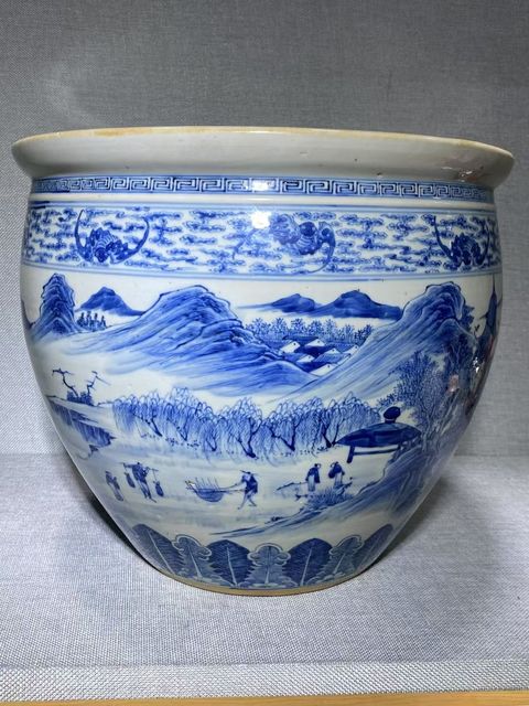古玩陶瓷人物山水青花缸真品鑒賞圖