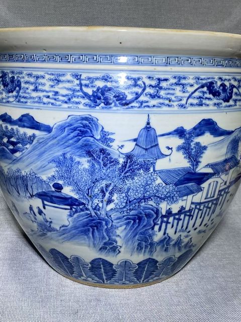 古玩陶瓷人物山水青花缸真品鑒賞圖