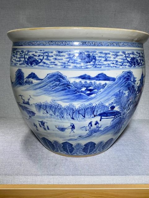 古玩陶瓷人物山水青花缸真品鑒賞圖