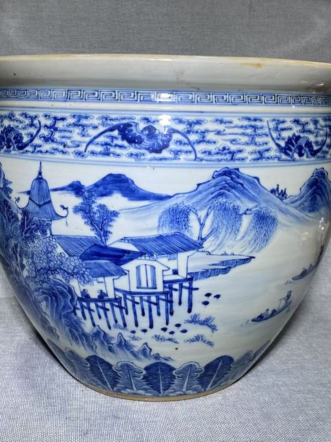 古玩陶瓷人物山水青花缸真品鑒賞圖